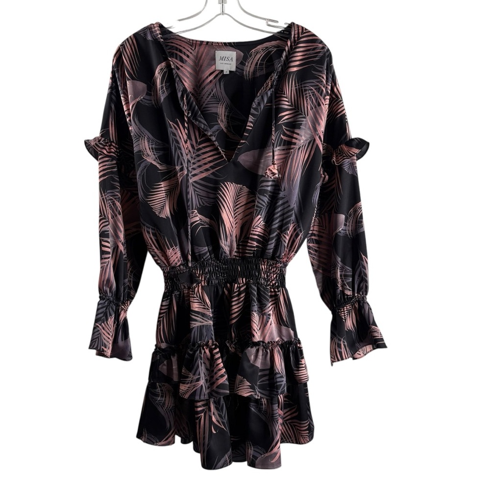 MISA SIZE SMALL BLACK PINK FERNS PRINT LONG SLEEVE POLYESTER MINI DRESS